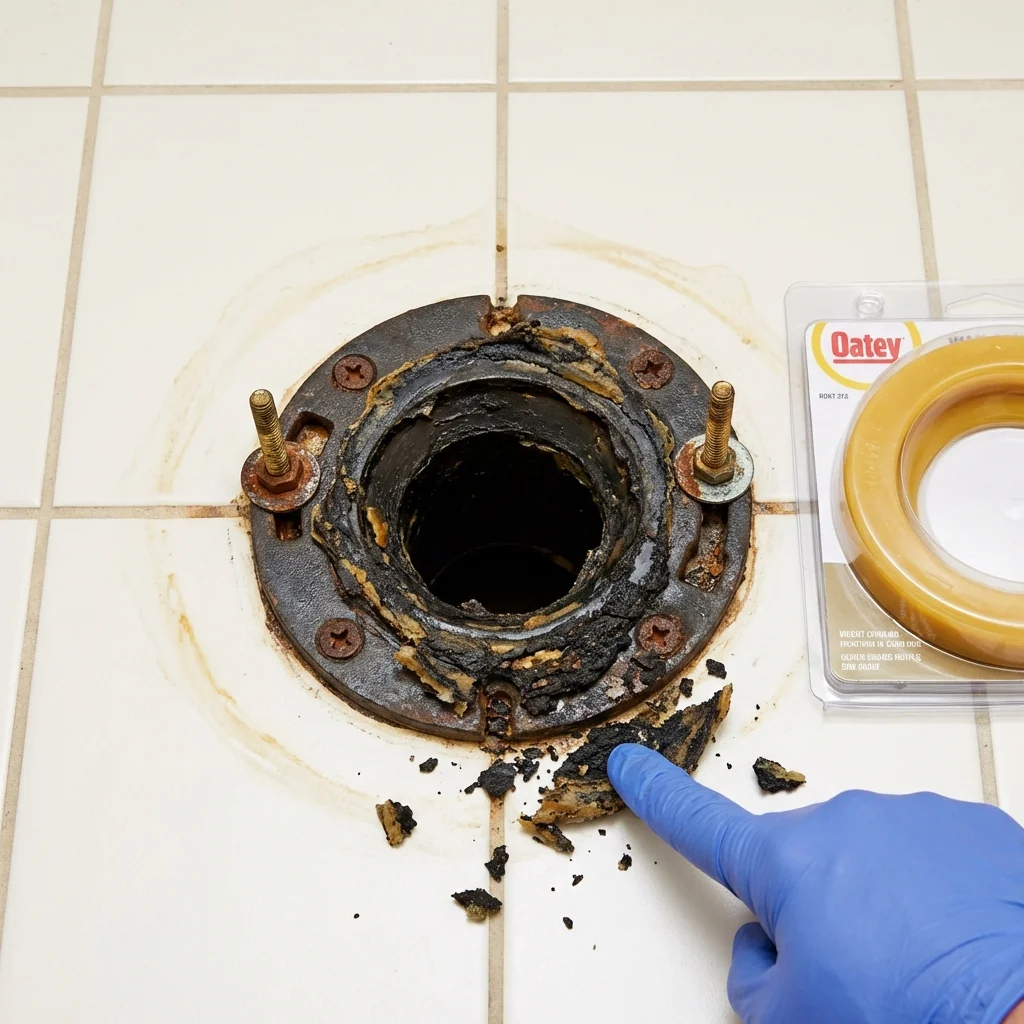 Failed wax ring showing water seepage at the base of a toilet in a Englewood, OH home
