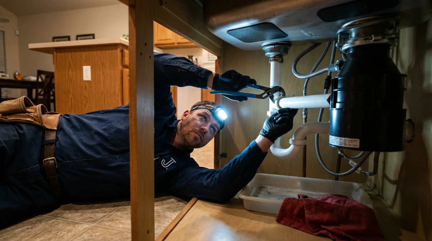 P-trap and supply line connections under a kitchen sink showing a common leak point in Englewood, OH